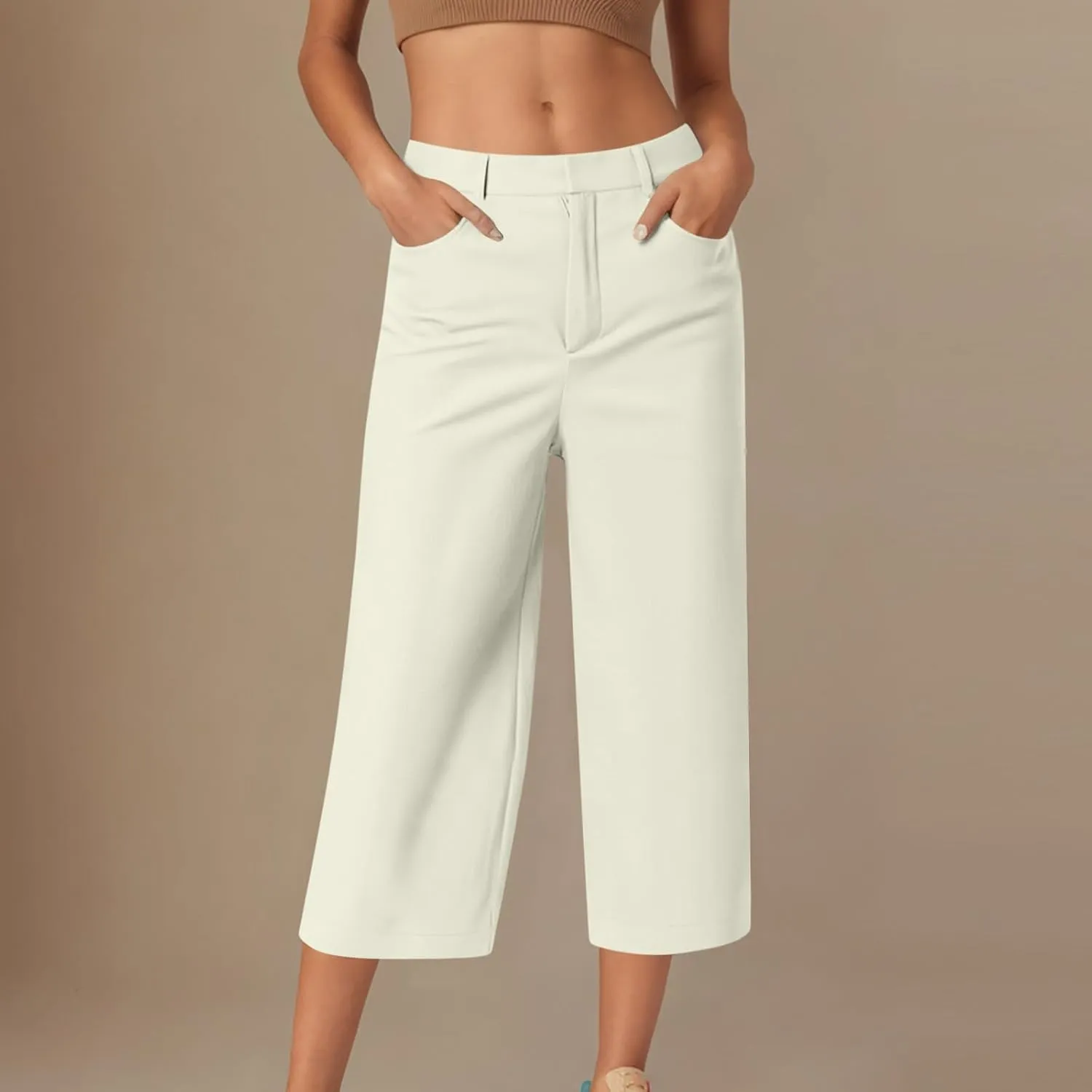 Womens Capri Pants Dressy Business Casual Dress Pants High Waisted Wide Leg Capris Summer Work Trousers with Pockets