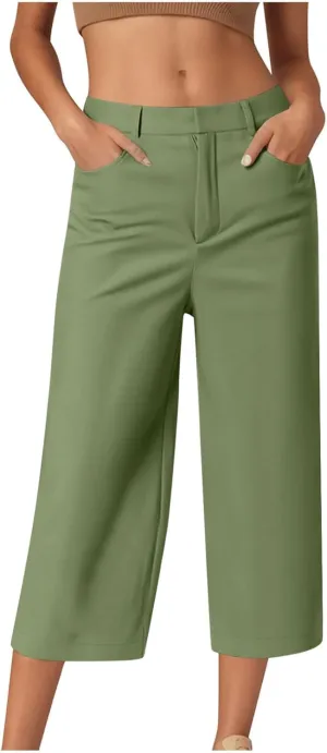 Womens Capri Pants Dressy Business Casual Dress Pants High Waisted Wide Leg Capris Summer Work Trousers with Pockets