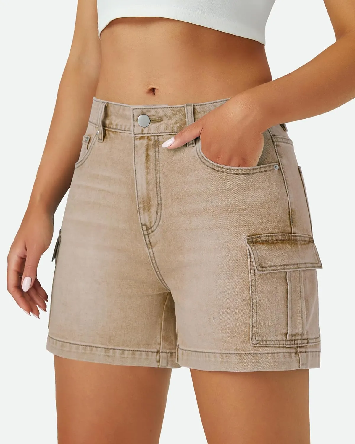Womens Cargo Jean Shorts High Waisted Microelastic Straight Leg Long Denim Mom Shorts