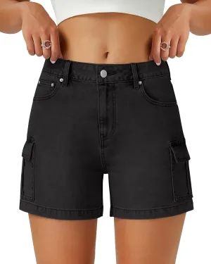 Womens Cargo Jean Shorts High Waisted Microelastic Straight Leg Long Denim Mom Shorts