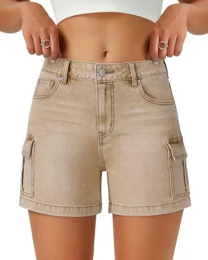 Womens Cargo Jean Shorts High Waisted Microelastic Straight Leg Long Denim Mom Shorts