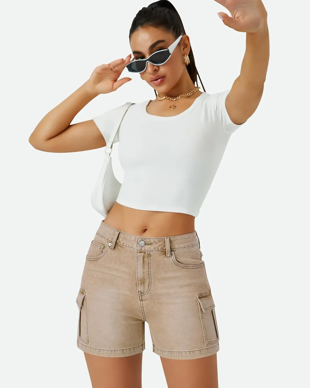Womens Cargo Jean Shorts High Waisted Microelastic Straight Leg Long Denim Mom Shorts