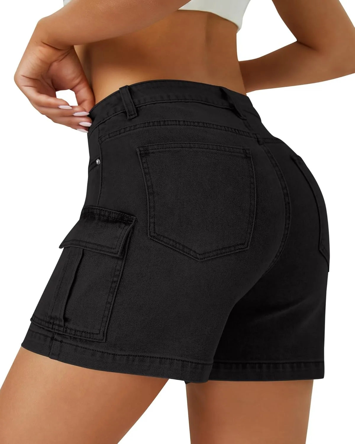Womens Cargo Jean Shorts High Waisted Microelastic Straight Leg Long Denim Mom Shorts