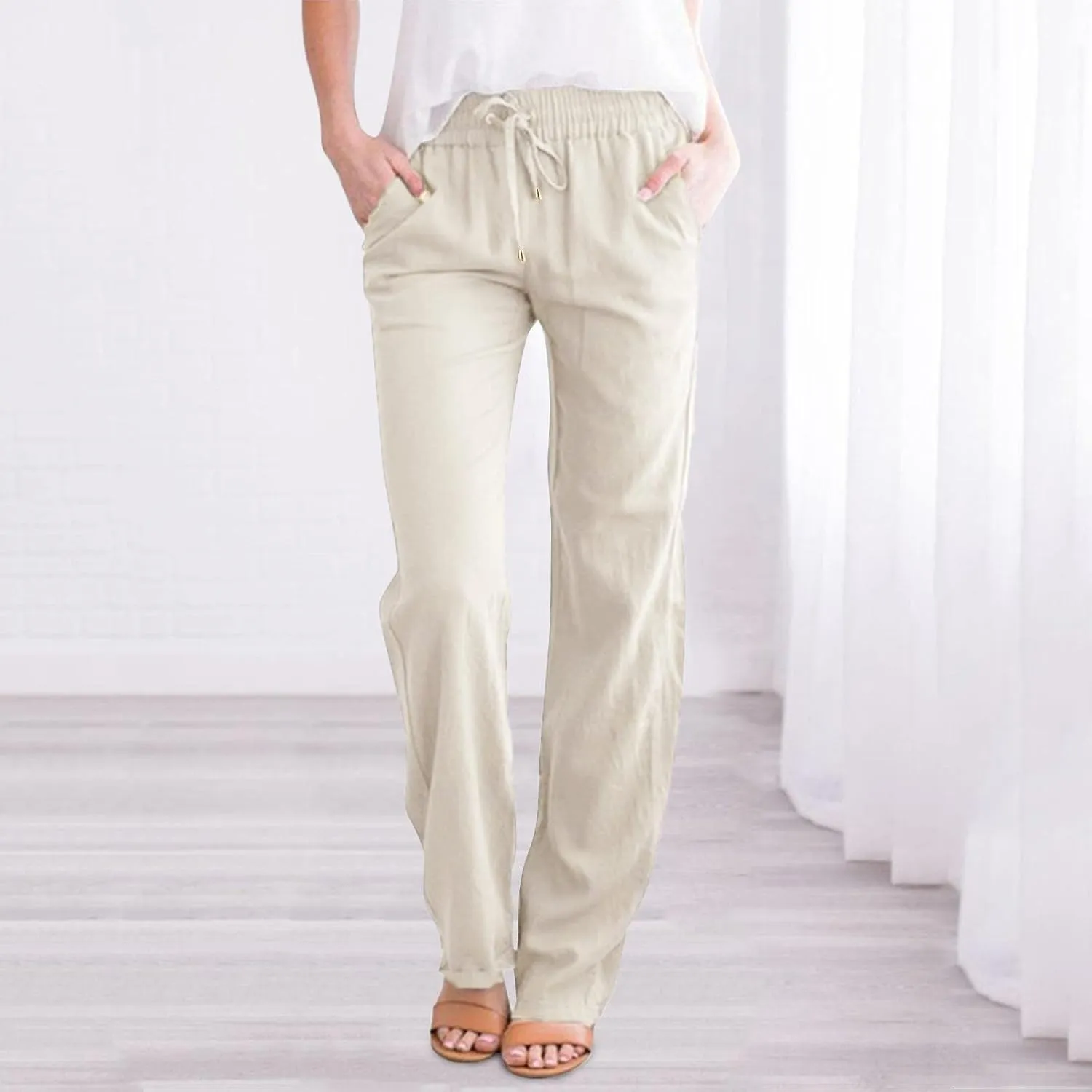 Womens Casual Cotton Linen Pants Lightweight Summer Elastic High Waist Palazzo Pant Plus Size Beach Flowy Long Trousers