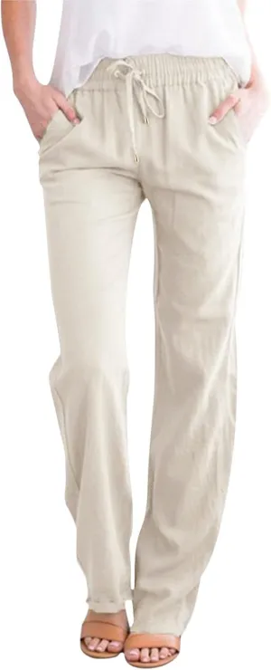 Womens Casual Cotton Linen Pants Lightweight Summer Elastic High Waist Palazzo Pant Plus Size Beach Flowy Long Trousers