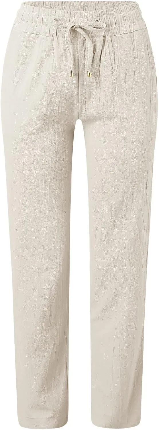 Womens Casual Cotton Linen Pants Lightweight Summer Elastic High Waist Palazzo Pant Plus Size Beach Flowy Long Trousers