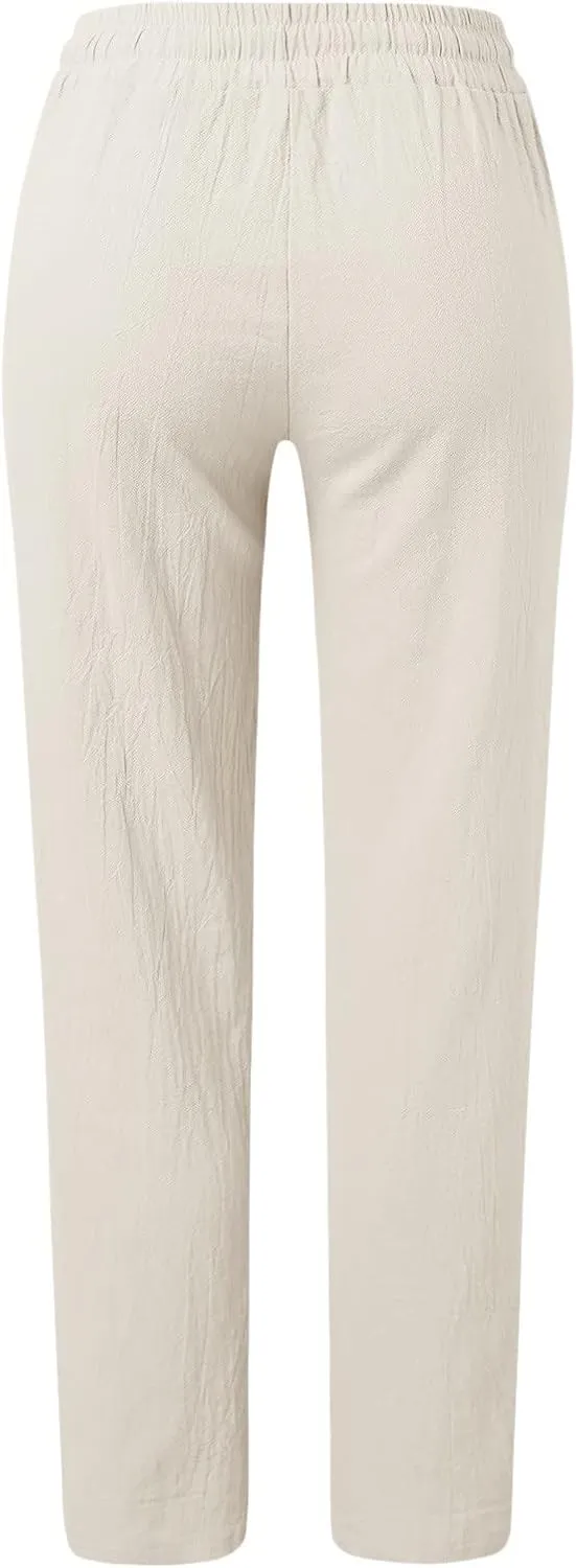 Womens Casual Cotton Linen Pants Lightweight Summer Elastic High Waist Palazzo Pant Plus Size Beach Flowy Long Trousers