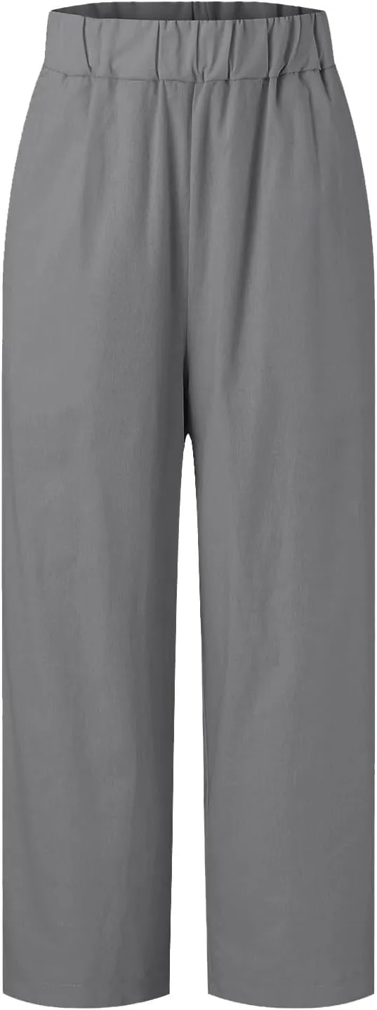 Women's Casual Cotton Linen Pants Summer Elastic Waist Straight Leg Comfy Solid Lounge Long Trouser with Pockets