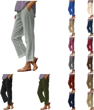 Women's Casual Cotton Linen Pants Summer Elastic Waist Straight Leg Comfy Solid Lounge Long Trouser with Pockets