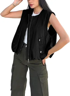Women's Casual Zip Up Cargo Vest Cropped Sleeveless Ruched Hem Blazer Jackets Tops with Pockets