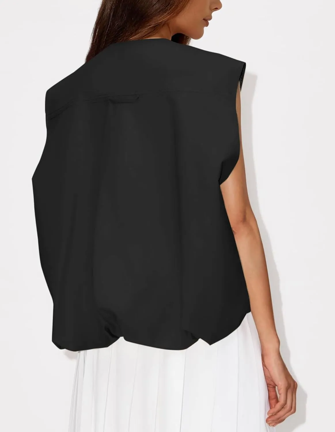 Womens Casual Zip Up Vest Sleeveless Jacket with Pockets Cargo Oversized Vest Ruched Hem Lightweight Blazer