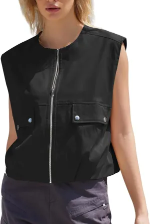 Womens Casual Zip Up Vest Sleeveless Jacket with Pockets Cargo Oversized Vest Ruched Hem Lightweight Blazer