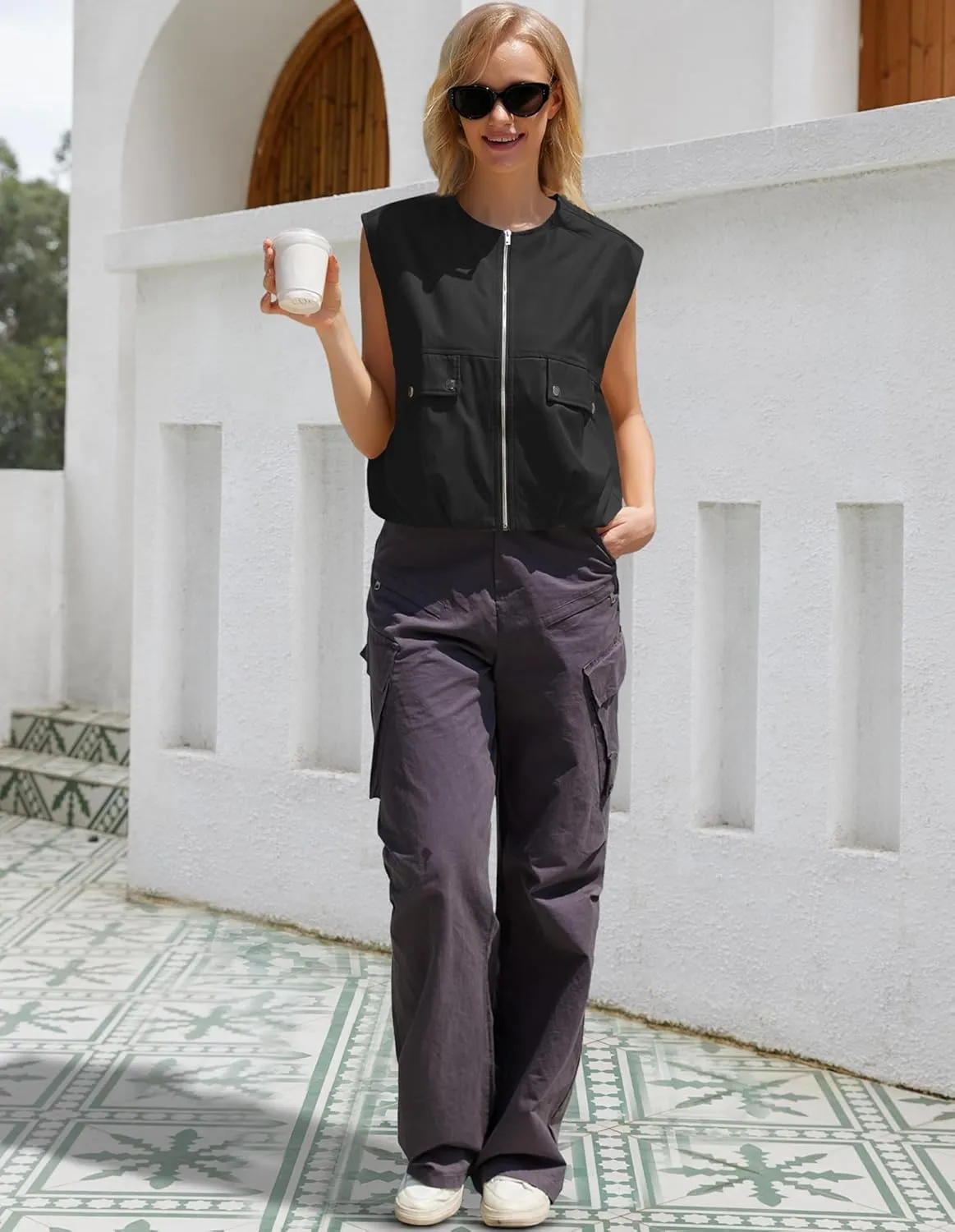 Womens Casual Zip Up Vest Sleeveless Jacket with Pockets Cargo Oversized Vest Ruched Hem Lightweight Blazer