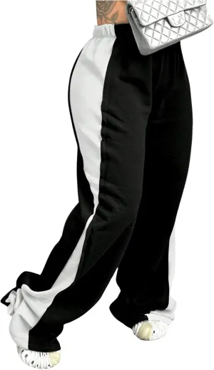 Women's Color Block Wide Leg Sweatpants Casual Elastic Waist Jogger Pants Trousers