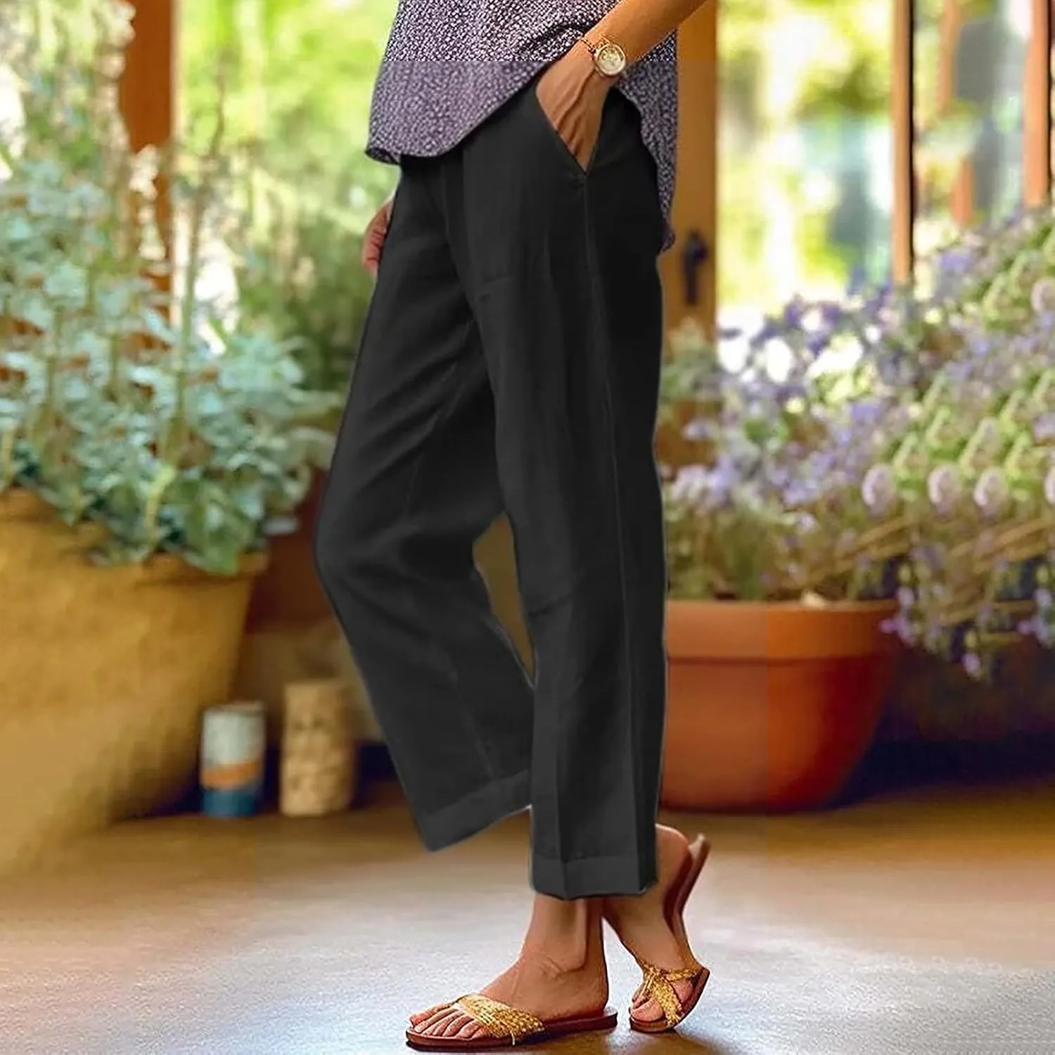 Women's Cotton Linen Pants Elastic Pants Long Drawstring Linen Women Waist Cotton Casual Pants Casual Wide Leg Loose