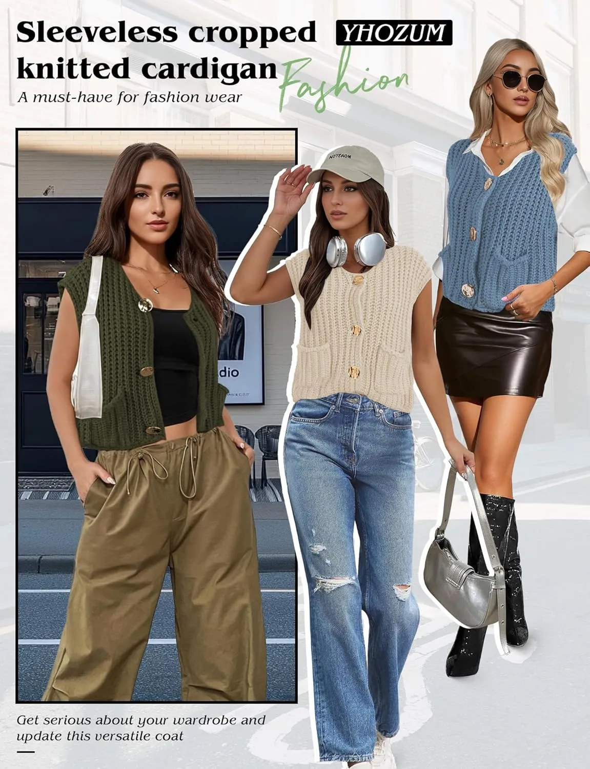 Womens Cropped Sweater Vest Sleeveless Chunky Kint Cardigan Top Casual Warm Button Down Crop Tops with Pockets