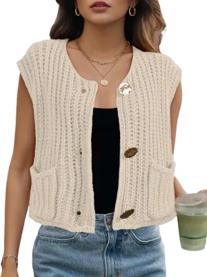 Womens Cropped Sweater Vest Sleeveless Chunky Kint Cardigan Top Casual Warm Button Down Crop Tops with Pockets