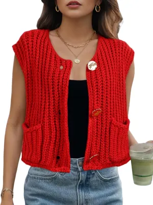 Womens Cropped Sweater Vest Sleeveless Chunky Kint Cardigan Top Casual Warm Button Down Crop Tops with Pockets