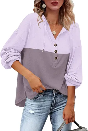 Women's Fashion Hoodies Sweatshirts Casual Button V-Neck Henley Shirts Long Sleeve Color Block Oversized Pullover Tops