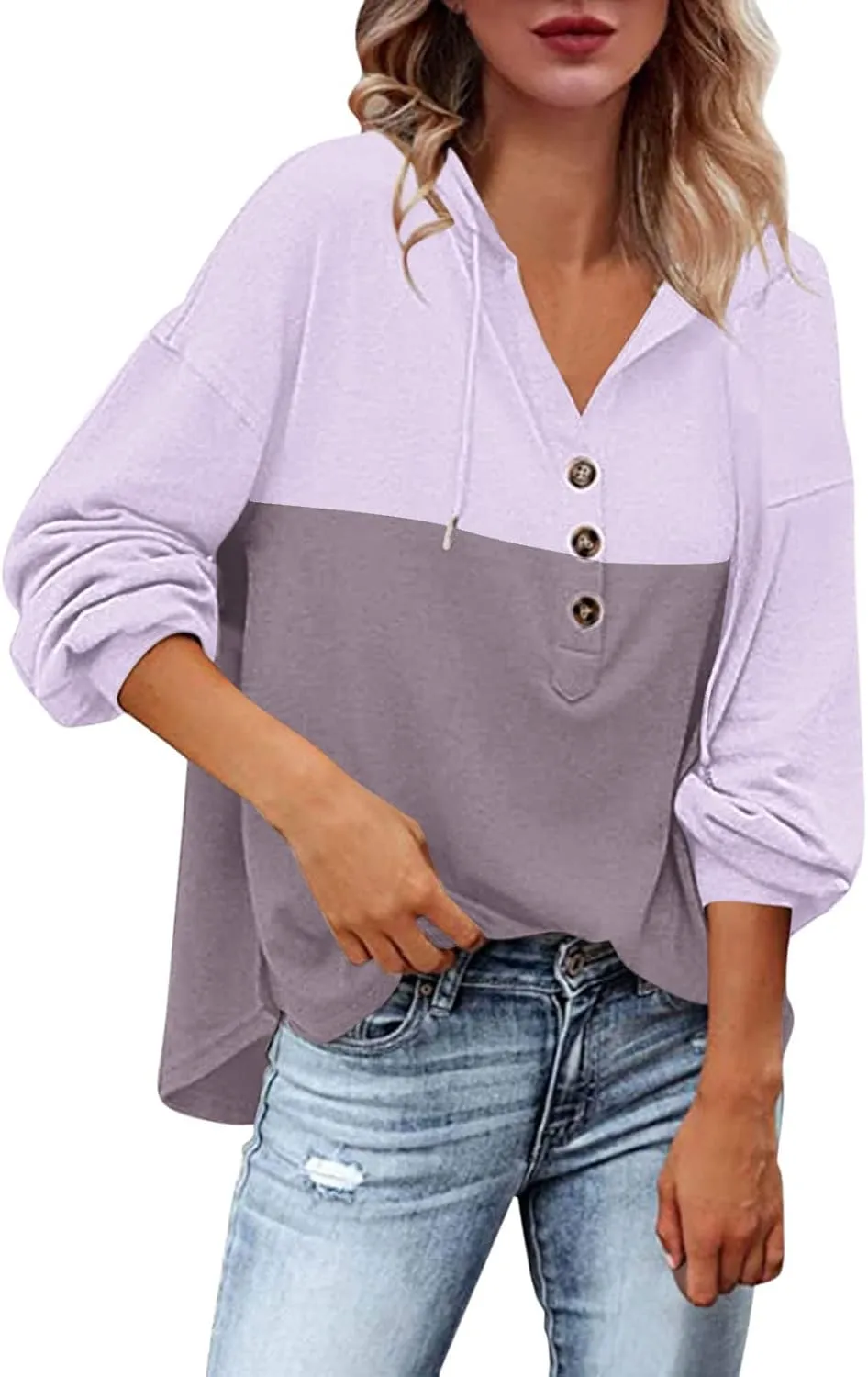 Women's Fashion Hoodies Sweatshirts Casual Button V-Neck Henley Shirts Long Sleeve Color Block Oversized Pullover Tops
