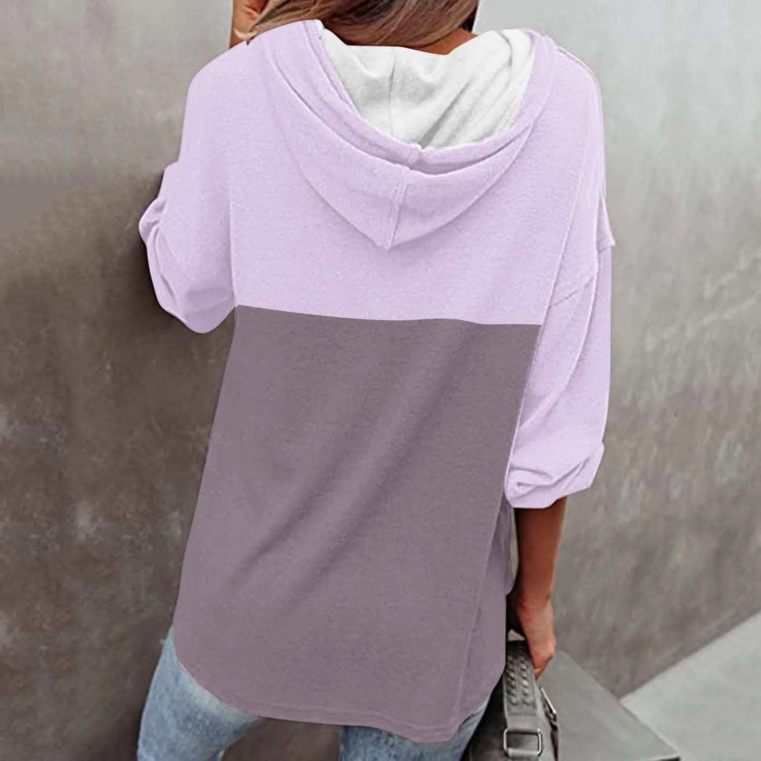 Women's Fashion Hoodies Sweatshirts Casual Button V-Neck Henley Shirts Long Sleeve Color Block Oversized Pullover Tops