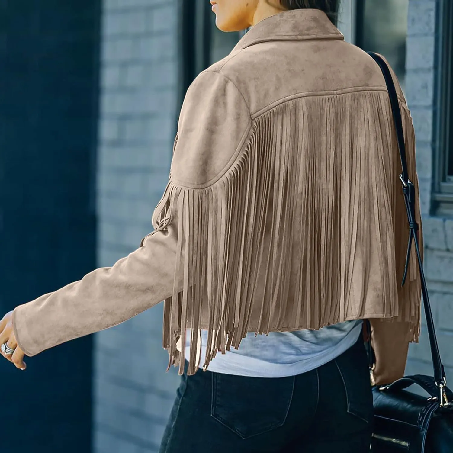 Womens Faux Suede Leather Jacket Fashion Fringe Cropped Coat Solid Motorcycle Outwear Casual Tassels Cardigan