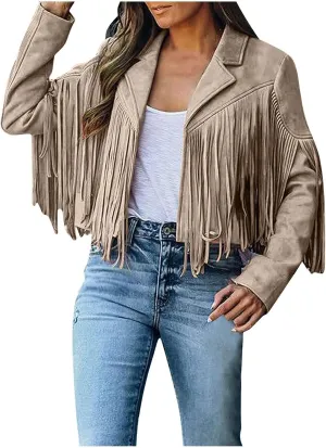 Womens Faux Suede Leather Jacket Fashion Fringe Cropped Coat Solid Motorcycle Outwear Casual Tassels Cardigan