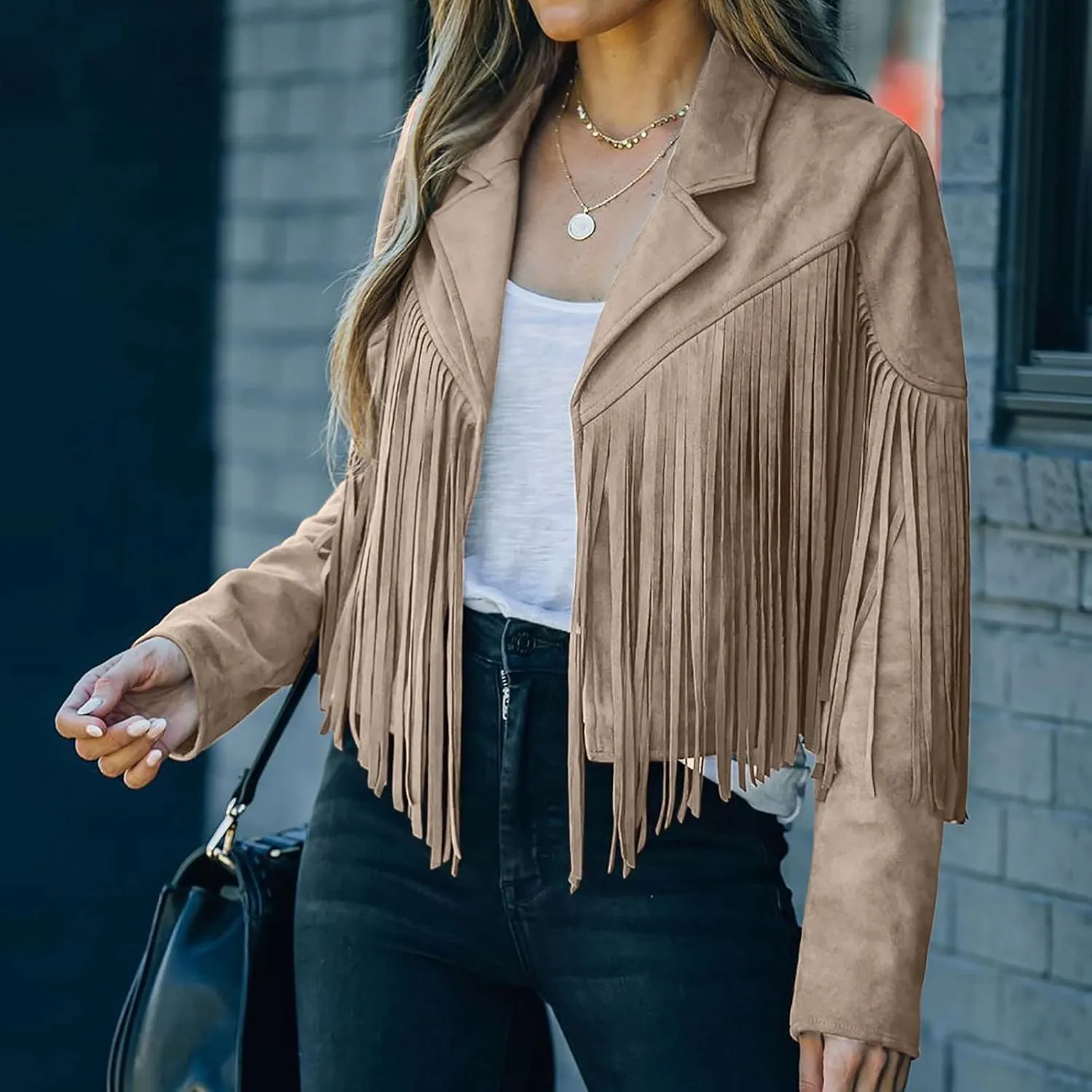 Womens Faux Suede Leather Jacket Fashion Fringe Cropped Coat Solid Motorcycle Outwear Casual Tassels Cardigan