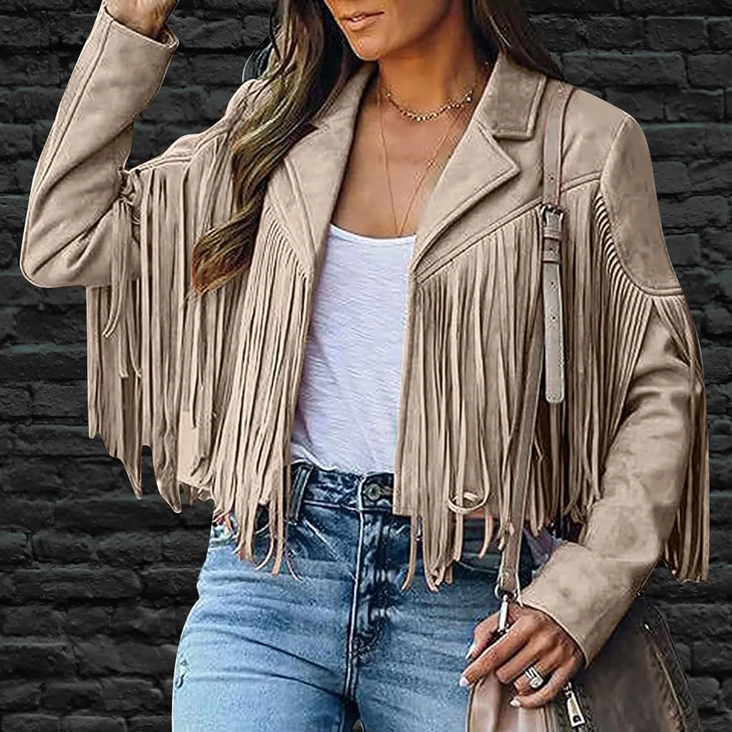 Womens Faux Suede Leather Jacket Fashion Fringe Cropped Coat Solid Motorcycle Outwear Casual Tassels Cardigan