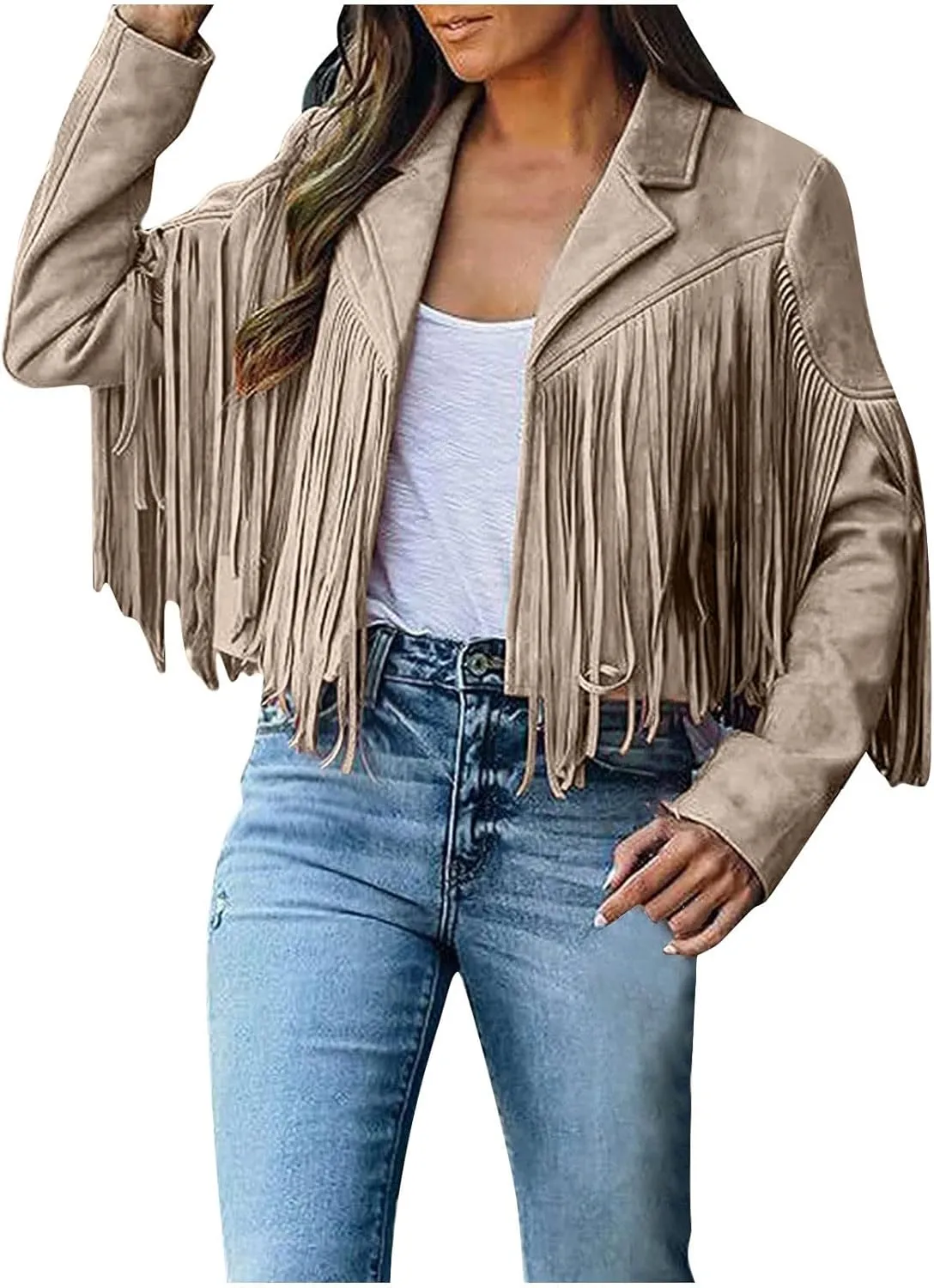 Womens Faux Suede Leather Jacket Fashion Fringe Cropped Coat Solid Motorcycle Outwear Casual Tassels Cardigan