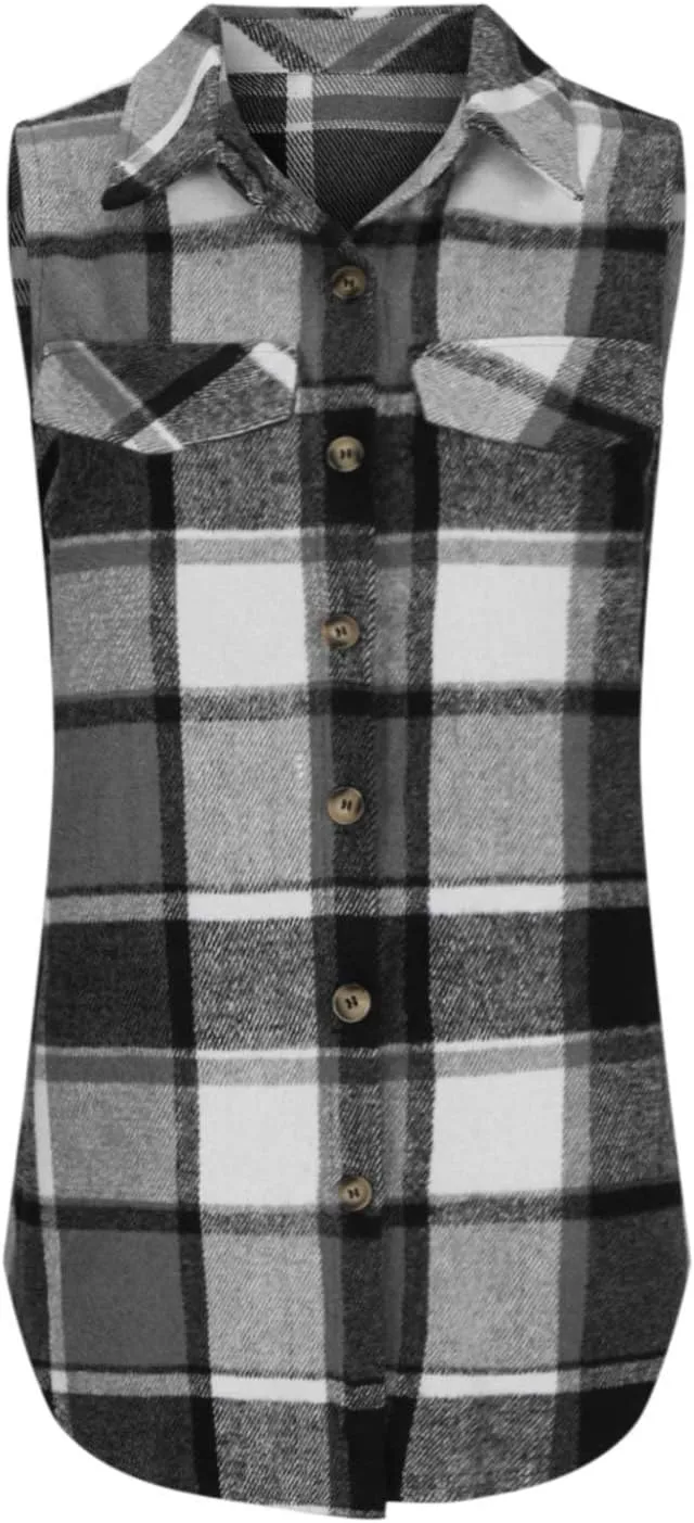 Womens Flannel Plaid Vests 2024 Trendy Long Sleeveless Button Down Shirt Jacket Casual Fall Winter Coat Outerwear