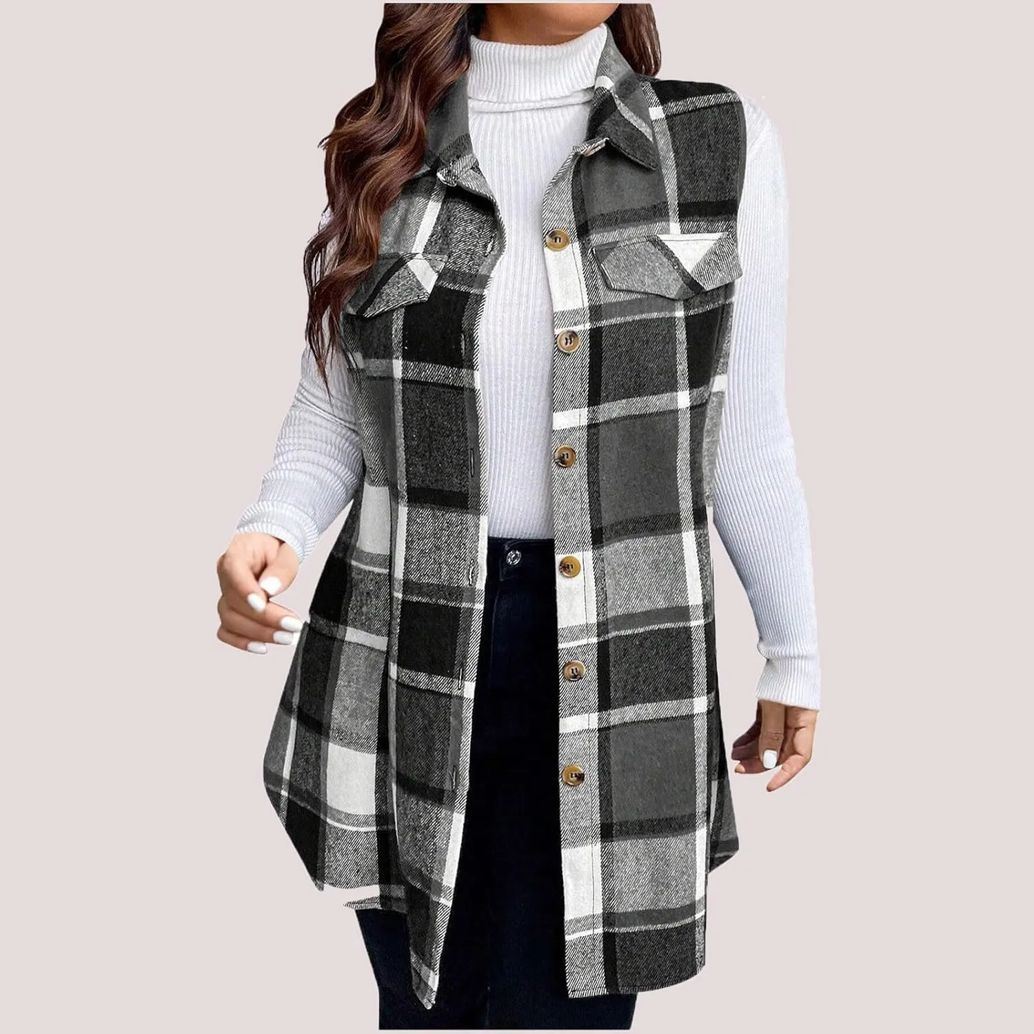 Womens Flannel Plaid Vests 2024 Trendy Long Sleeveless Button Down Shirt Jacket Casual Fall Winter Coat Outerwear