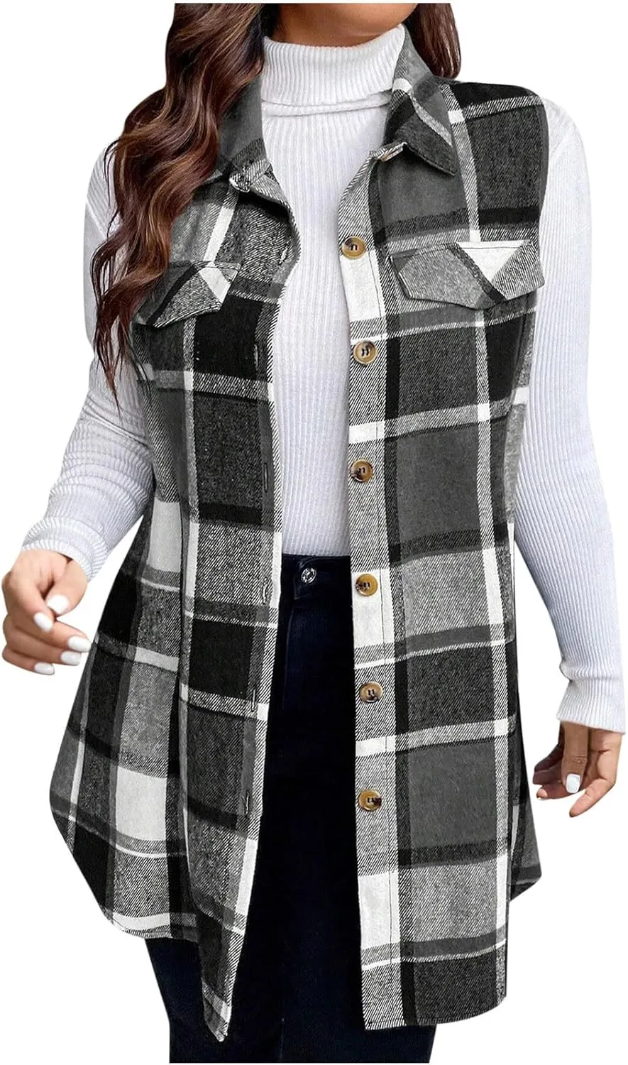 Womens Flannel Plaid Vests 2024 Trendy Long Sleeveless Button Down Shirt Jacket Casual Fall Winter Coat Outerwear