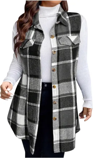 Womens Flannel Plaid Vests 2024 Trendy Long Sleeveless Button Down Shirt Jacket Casual Fall Winter Coat Outerwear