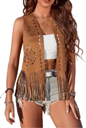 Women's Fringe Vest 60s 70s Hippie Vest Open Front Sleeveless Cardigan Cowgirl Western Faux Suede Tassel Jacket Coat