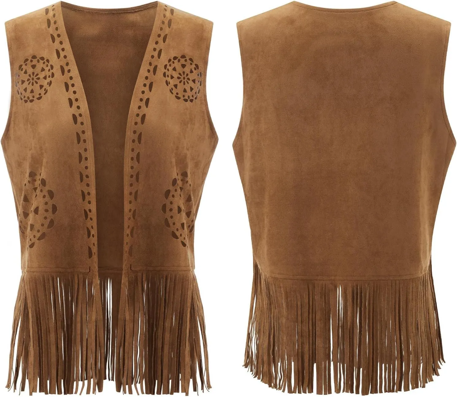 Women's Fringe Vest 60s 70s Hippie Vest Open Front Sleeveless Cardigan Cowgirl Western Faux Suede Tassel Jacket Coat