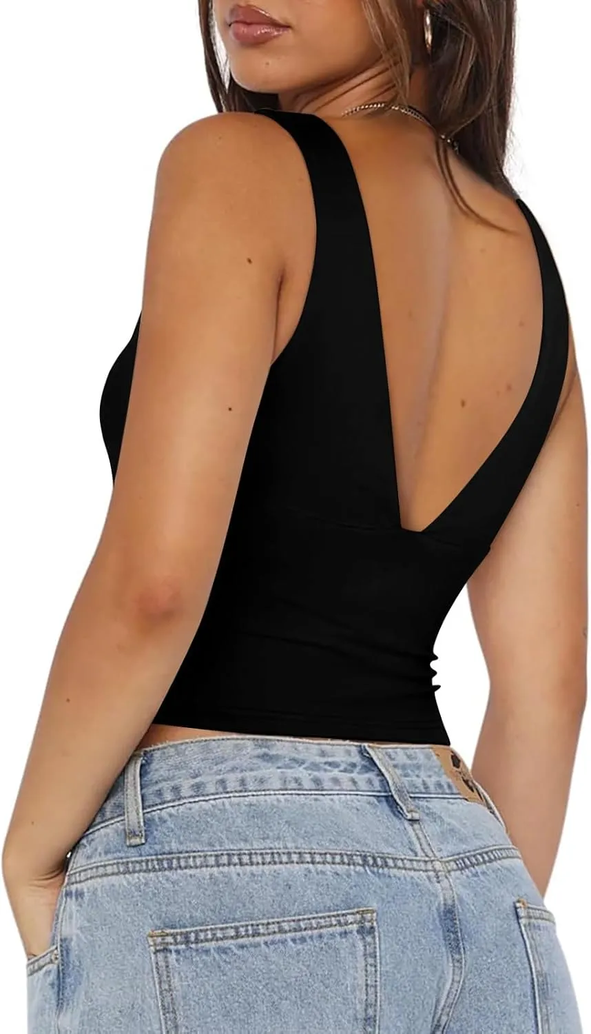 Women's Going Out Tops Plunge Deep V Neck Padded Tank Top Sexy Backless Crop Top Trendy Double Lined Camisole Summer