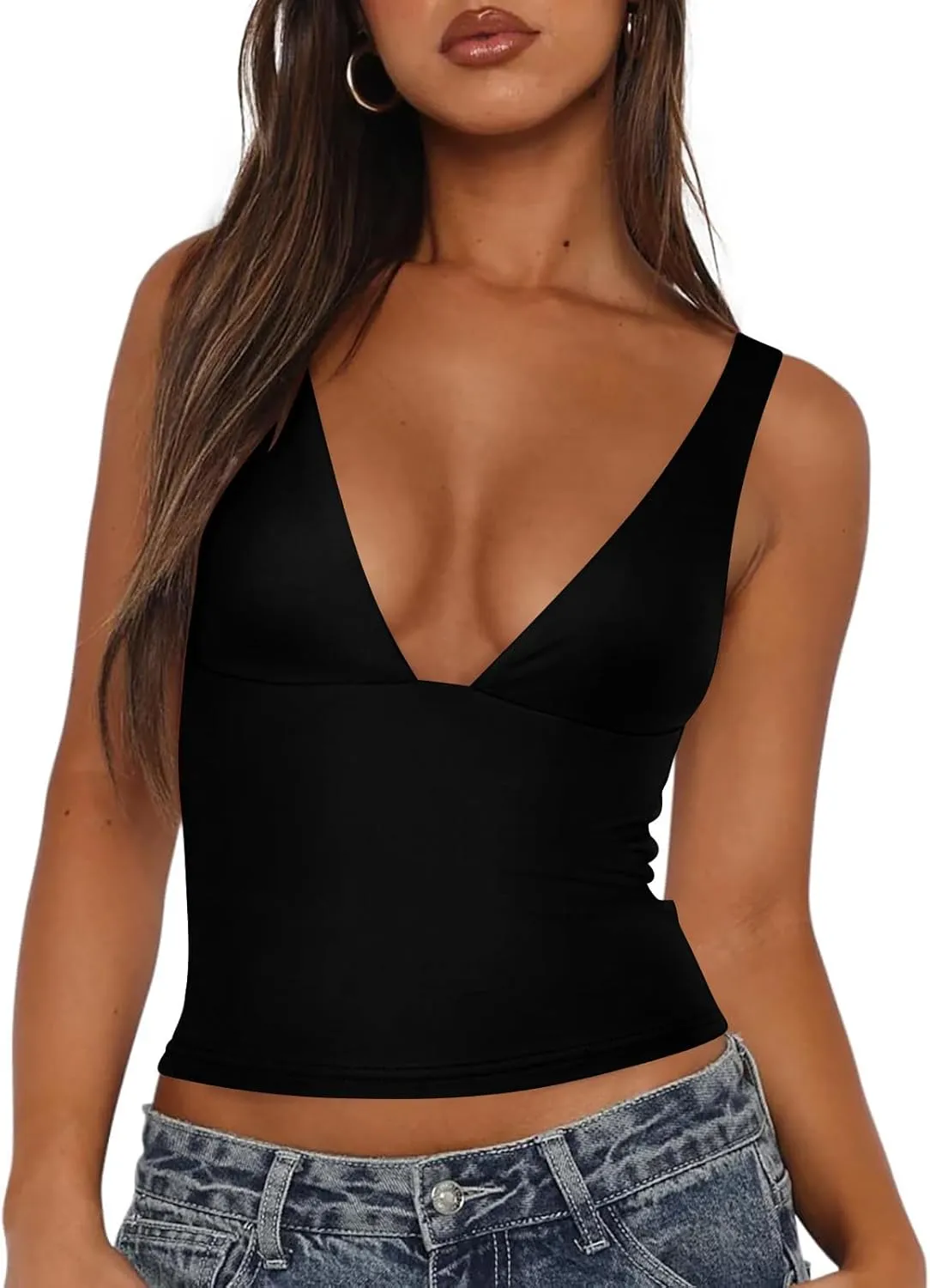 Women's Going Out Tops Plunge Deep V Neck Padded Tank Top Sexy Backless Crop Top Trendy Double Lined Camisole Summer