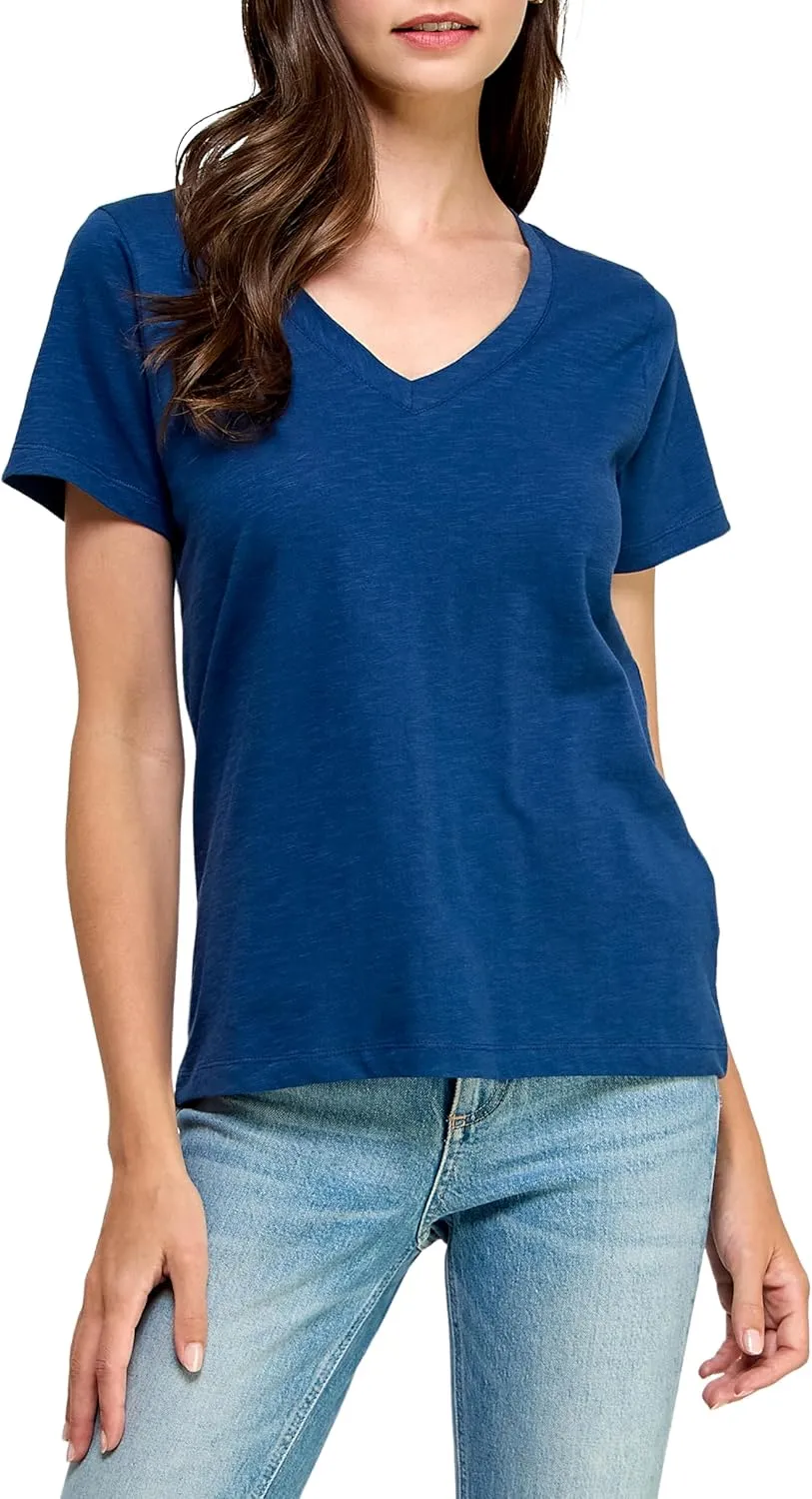 Women's GOTS Certified 100% Organic Cotton Slub V-Neck T Shirt Short Sleeve Tee Tops