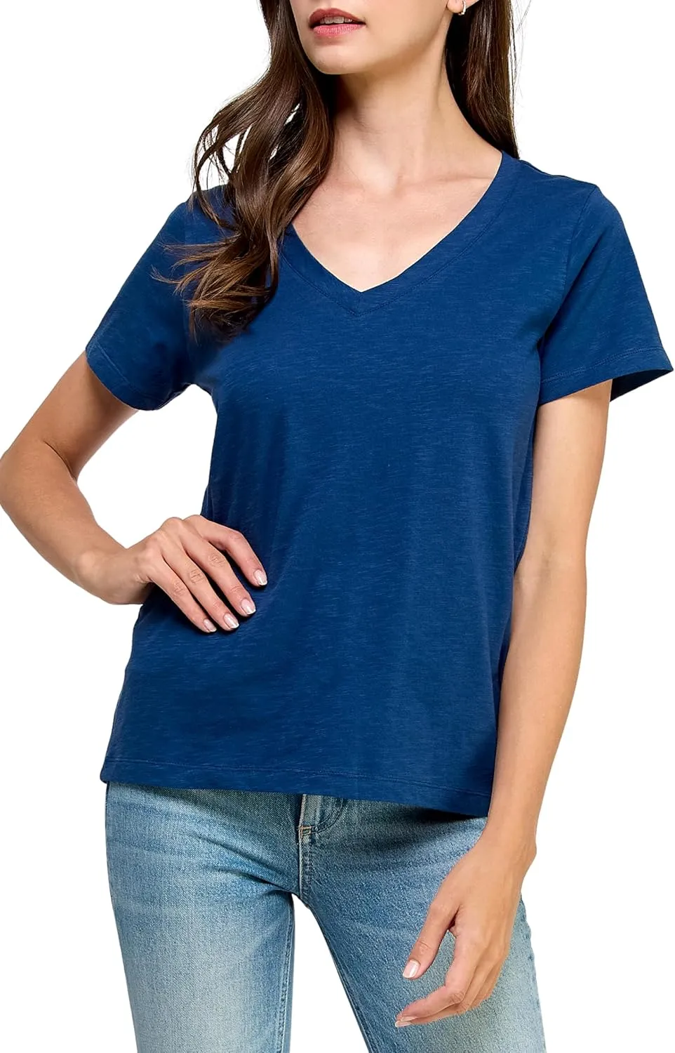 Women's GOTS Certified 100% Organic Cotton Slub V-Neck T Shirt Short Sleeve Tee Tops