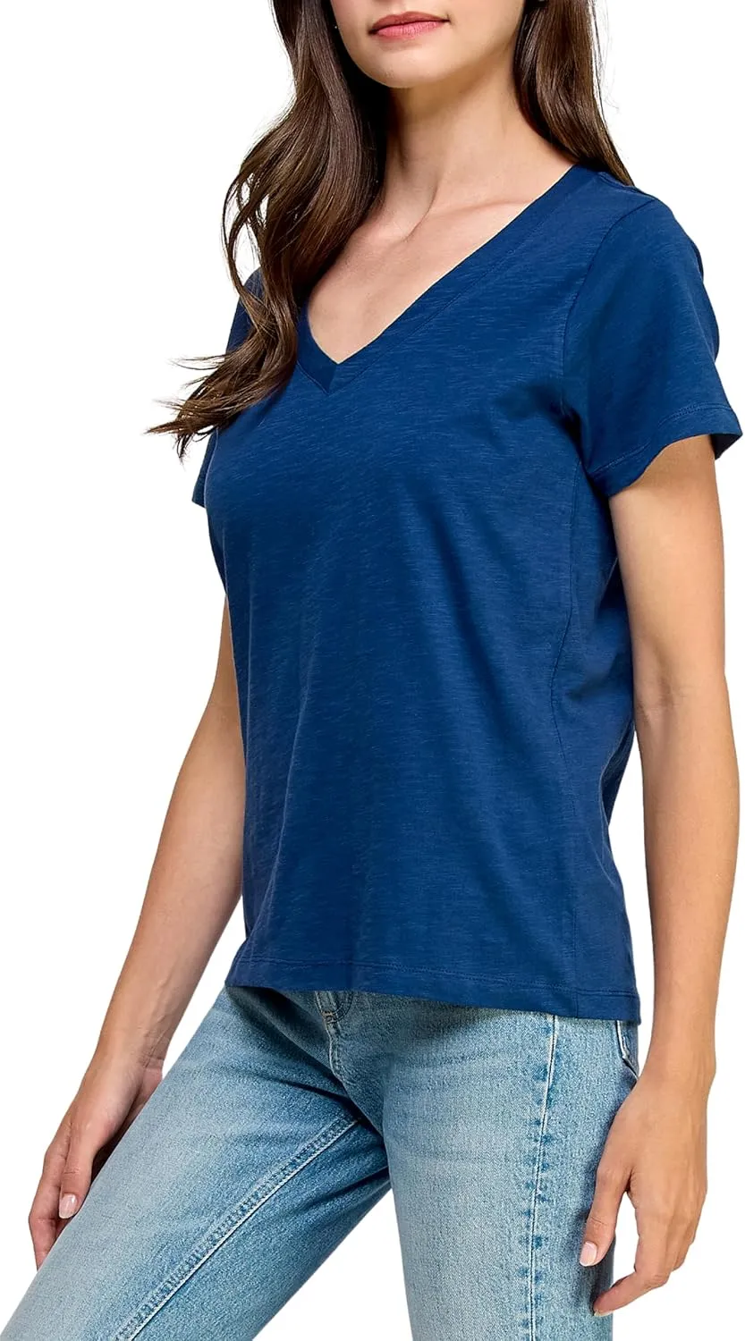 Women's GOTS Certified 100% Organic Cotton Slub V-Neck T Shirt Short Sleeve Tee Tops