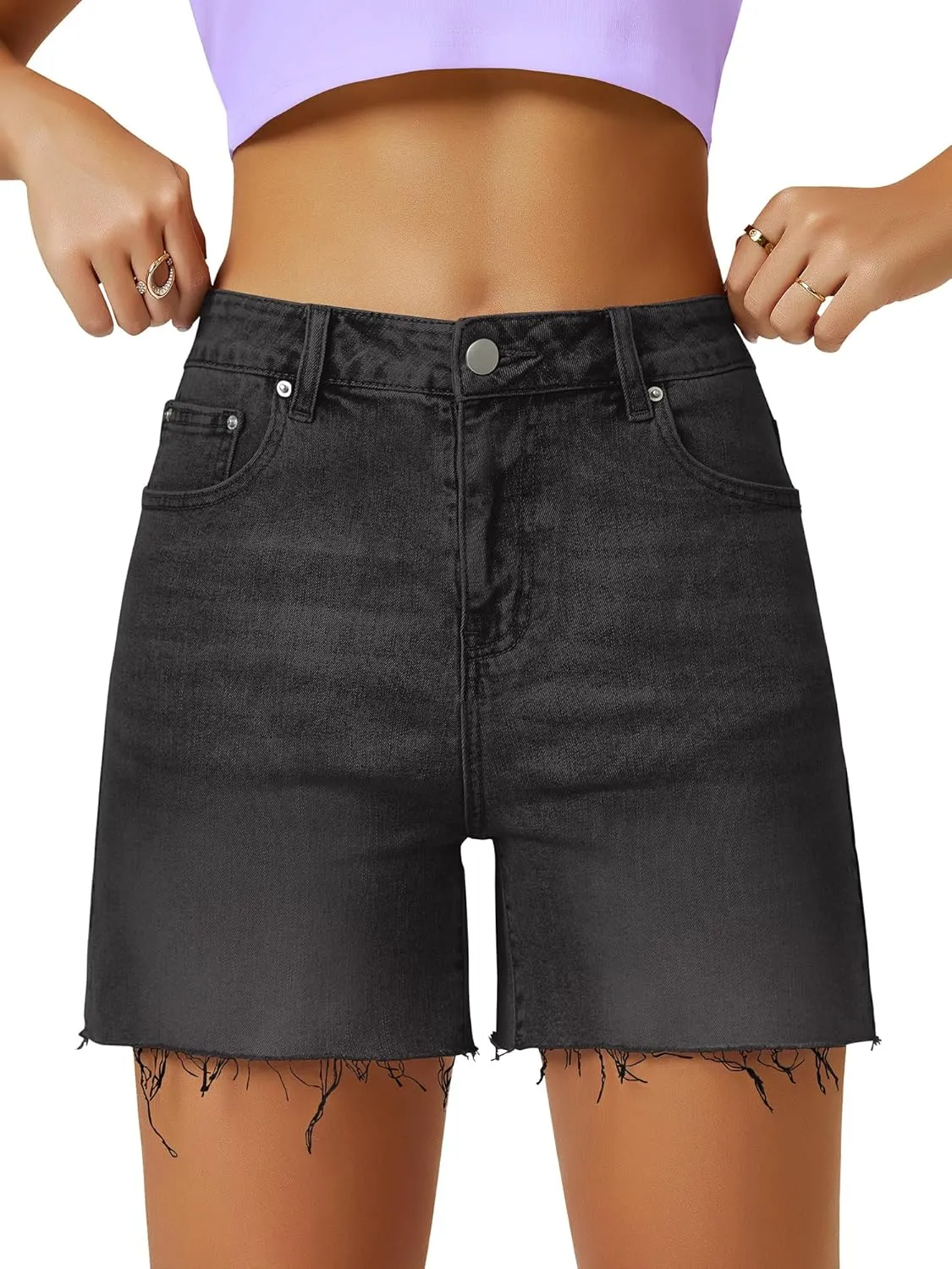 Womens High Waist Jean Shorts Wide Straight Leg Microelastic Long Denim Mom Shorts