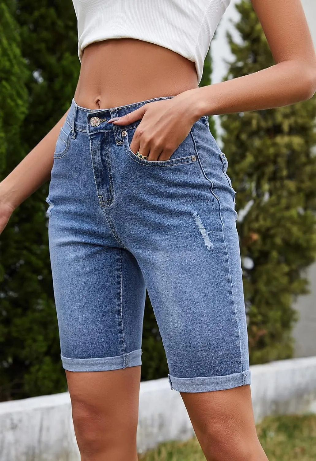 Women's High Waisted Bermuda Denim Shorts Folded Hem Elastic Waist Stretchy Jean Shorts