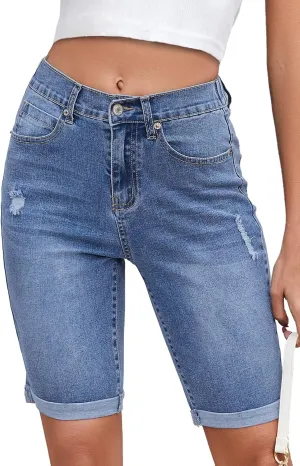 Women's High Waisted Bermuda Denim Shorts Folded Hem Elastic Waist Stretchy Jean Shorts