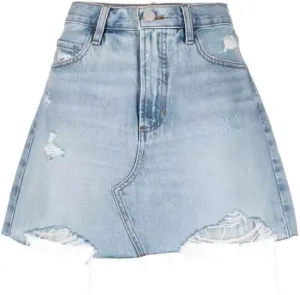 Women's High-Waisted Light Blue a-Line Loose Irregular Hem Five Bags of Holes Short Office Denim Skirt