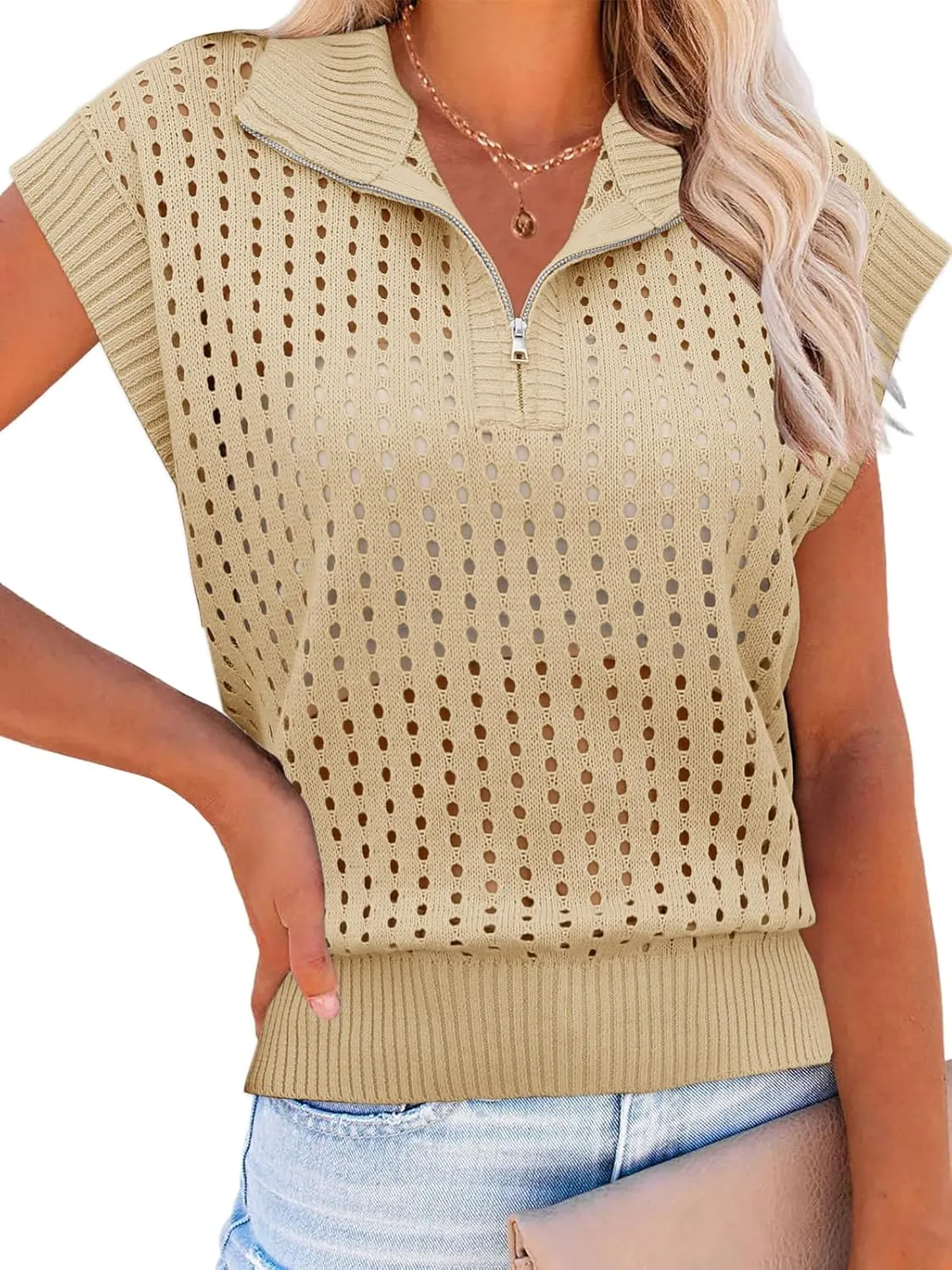 Womens Hollow Out Sweater Vest Summer Casual Quarter Zip Cap Sleeve Crochet Knit Tops