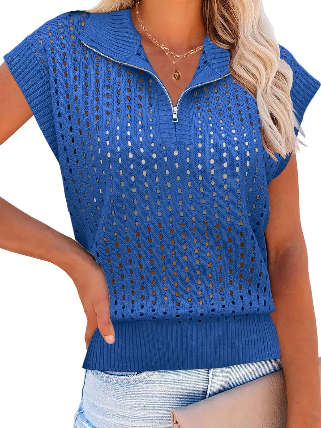 Womens Hollow Out Sweater Vest Summer Casual Quarter Zip Cap Sleeve Crochet Knit Tops