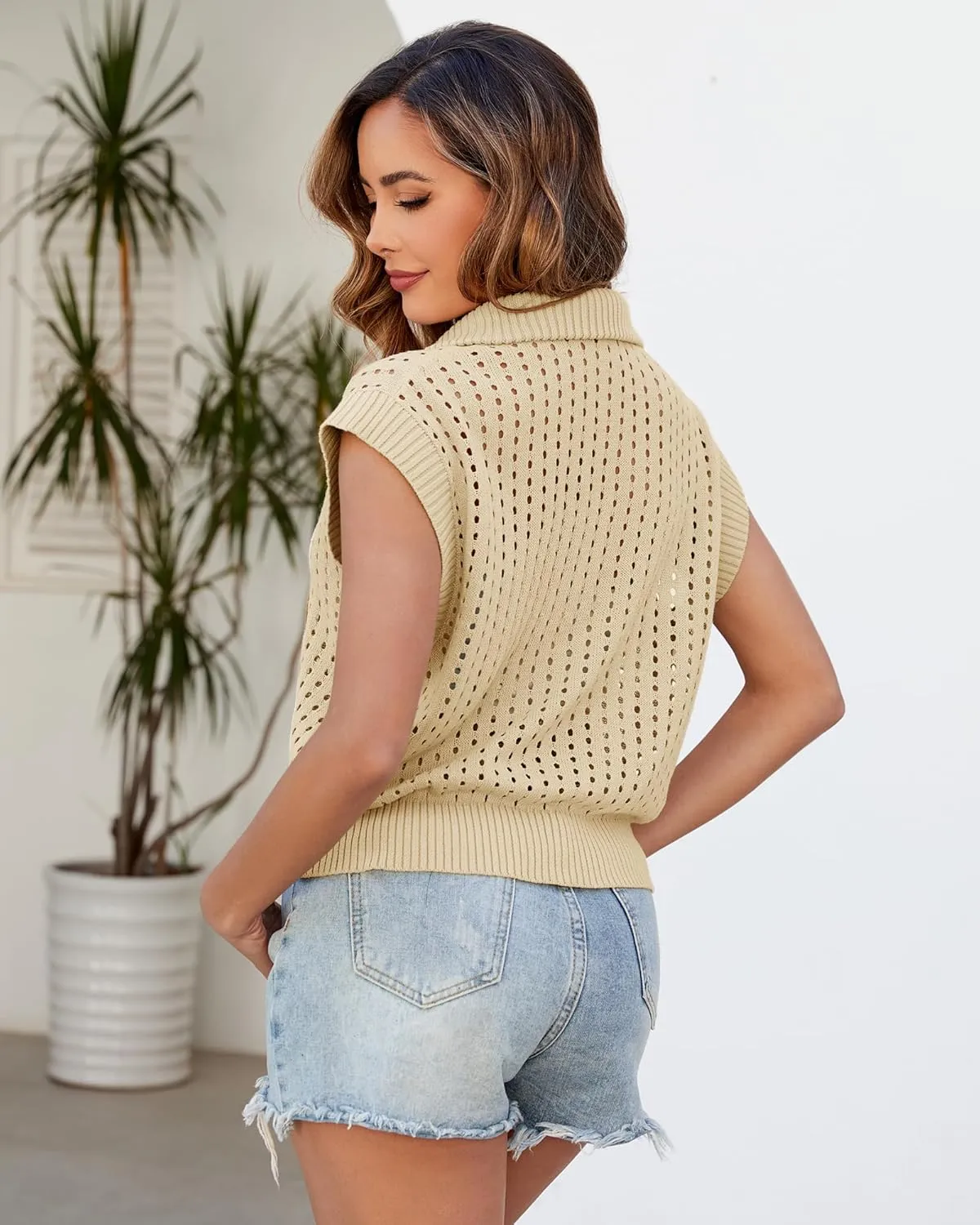 Womens Hollow Out Sweater Vest Summer Casual Quarter Zip Cap Sleeve Crochet Knit Tops