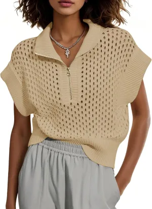 Womens Hollow Out Sweater Vest Summer Casual Quarter Zip Cap Sleeve Crochet Knit Tops