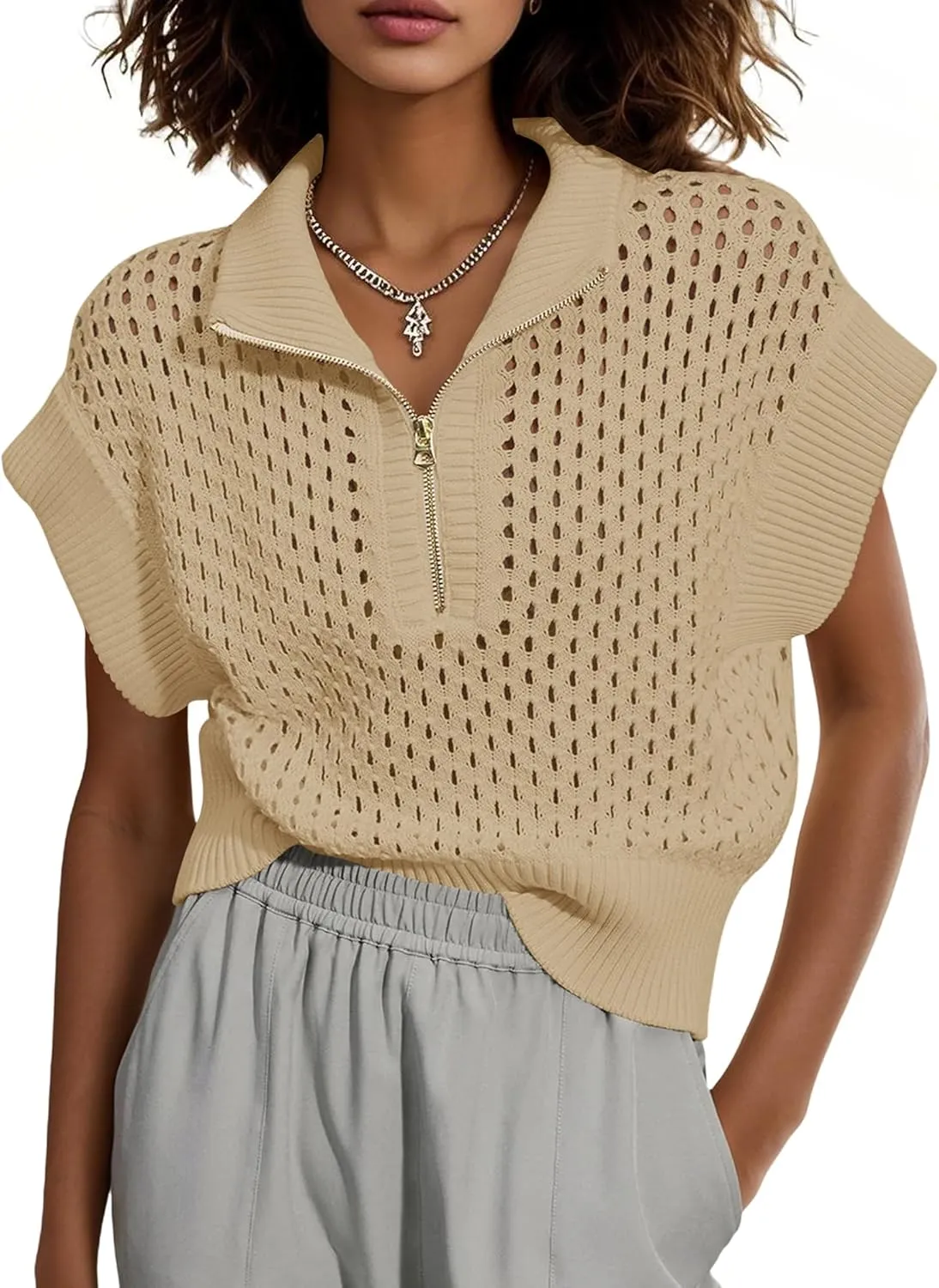 Womens Hollow Out Sweater Vest Summer Casual Quarter Zip Cap Sleeve Crochet Knit Tops